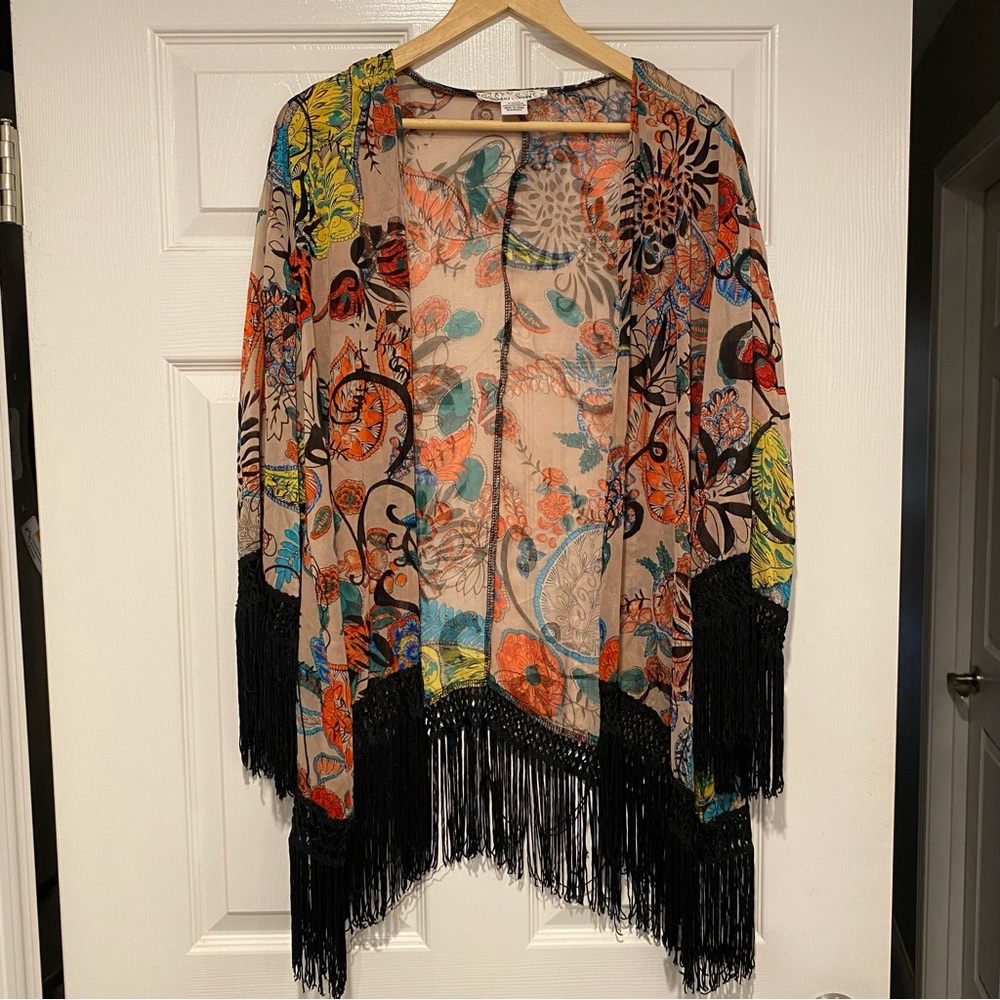 Sans Souci Sheer Kimono Coverup with Fringe
